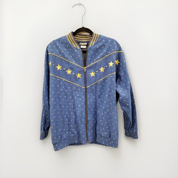 Gepetto Vtg Blue/Gold Stars Pattern Top, Size Lg, Pants & Jacket Women's 3Pc Set - Picture 4 of 9